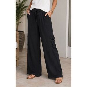 Soft Surroundings Black Linen Blend Wide Leg Cargo Pants Women’s L Boho Resort